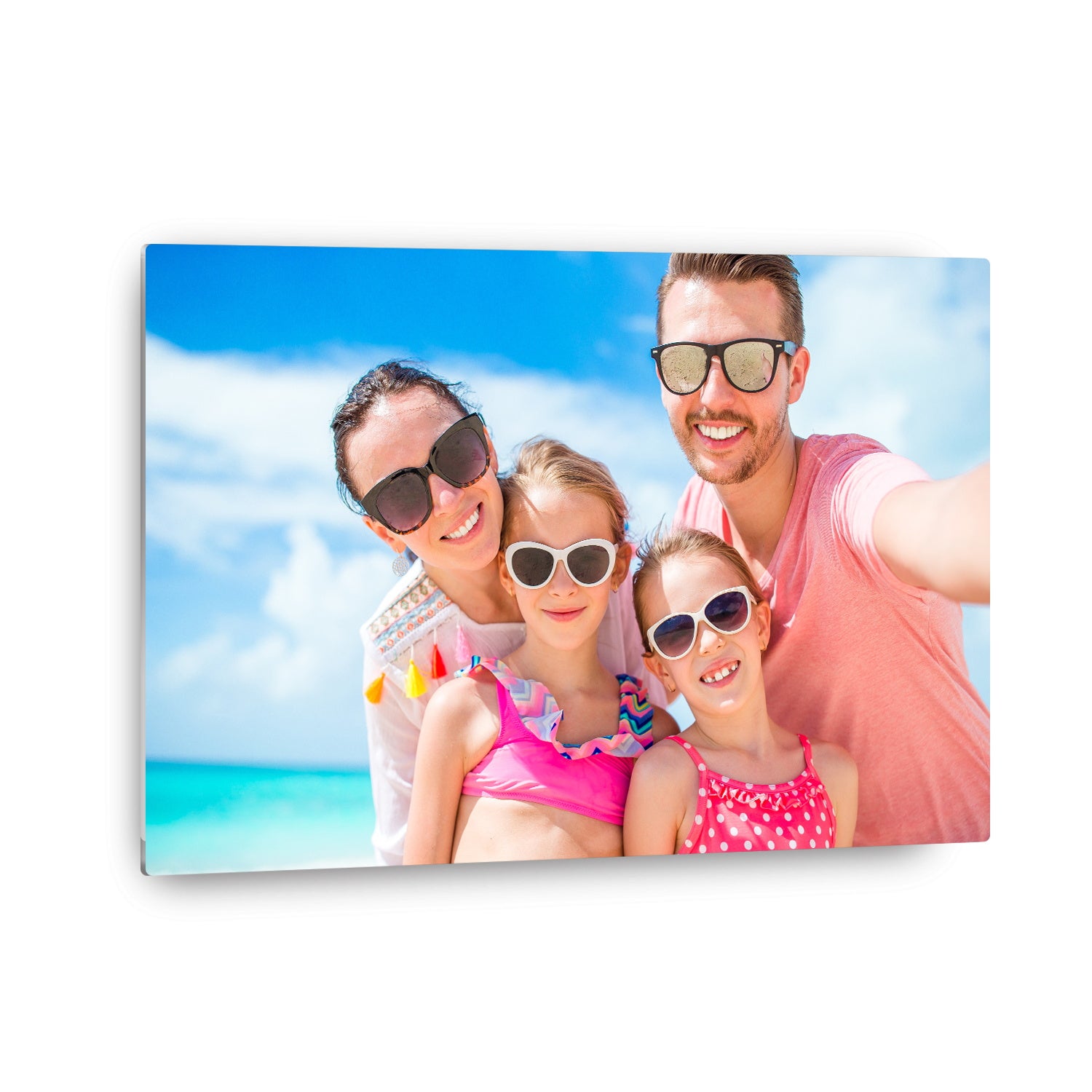 Metal photo print displayed on living room wall above sofa